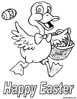 Printable Happy Easter little chicken with a basket full of Easter Eggs Coloring Pages