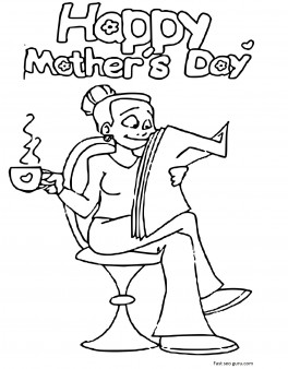Printable Mother relaxing with newspaper and tea in Mothers Day colorign pages