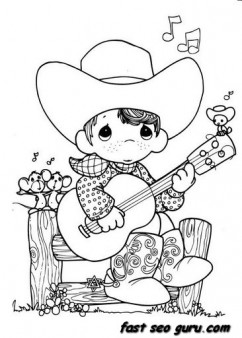 Precious Moments boy playing guitar cowboy coloring pages