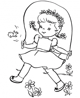 Print out spring cute girl jumping rope coloring page
