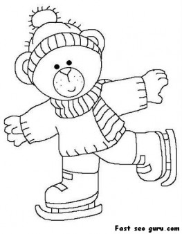 Printable cute bear on ice skates coloring page