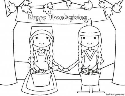 Happy Thanksgiving native and pilgrims coloring page