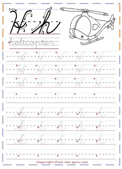 cursive handwriting tracing practice worksheets letter h for helicopter