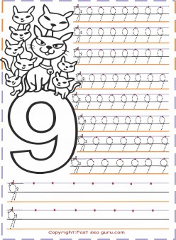 Numbers tracing worksheets 9 for kindergarten