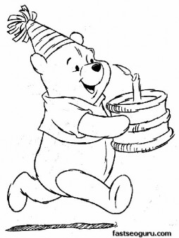Print out coloring pages Winnie the Pooh with a birthday cake