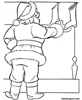 Print out coloring pages Santa filling Christmas stockings with gifts