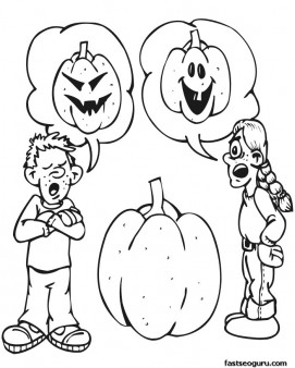 boy and girl carving a pumpkin Halloween coloring page