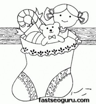 Printabel Christmas sock hung with teddy bear and doll coloring page