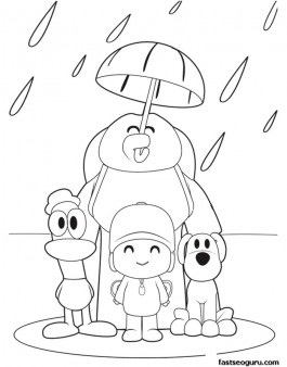 Coloring pages printabel Pocoyo Loula and Pato are enjoying the rain