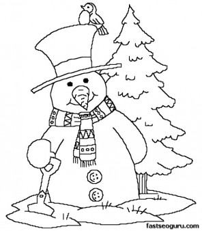 Printabel coloring sheet snowman near Christmas tree