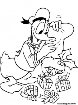 Free Printable Happy Donald Duck Christmas gifts coloring pages for kids
