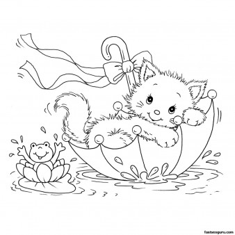 Printabel coloring pages kitty cat and frog in umbrella