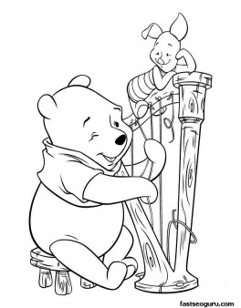Printable coloring pages Winnie the Pooh and Piglet play guitar