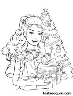 Barbie Coloring on Printable Barbie Girl With Christmas Tree And Gifts Coloring Pages