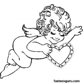 Print out Valentines Day Cupid  with Hearts coloring page childrens