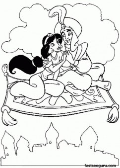 Printable Disney Characters Aladdin Princess and magic carpet coloring page