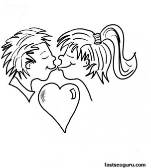 Printable Valentine girls and boy Couple Kisses Coloring Page