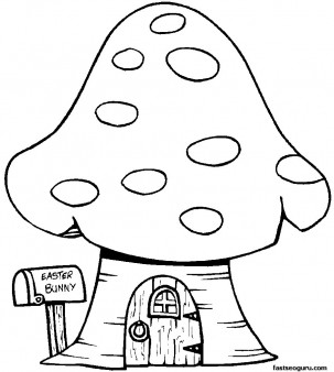 Print out Easter Bunny Mushrooms House Coloring Page for kids