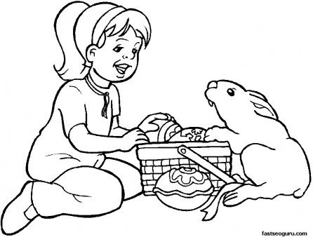 Printable Easter Girl And Bunny egg Coloring Page