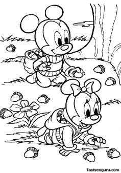 Printable Baby Mickey and Minnie picking nuts coloring pages