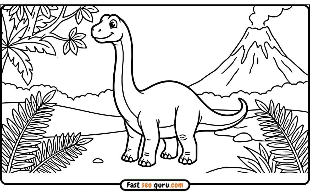 Brachiosaurus Volcano Landscape Coloring Page – Free Printable For Kids