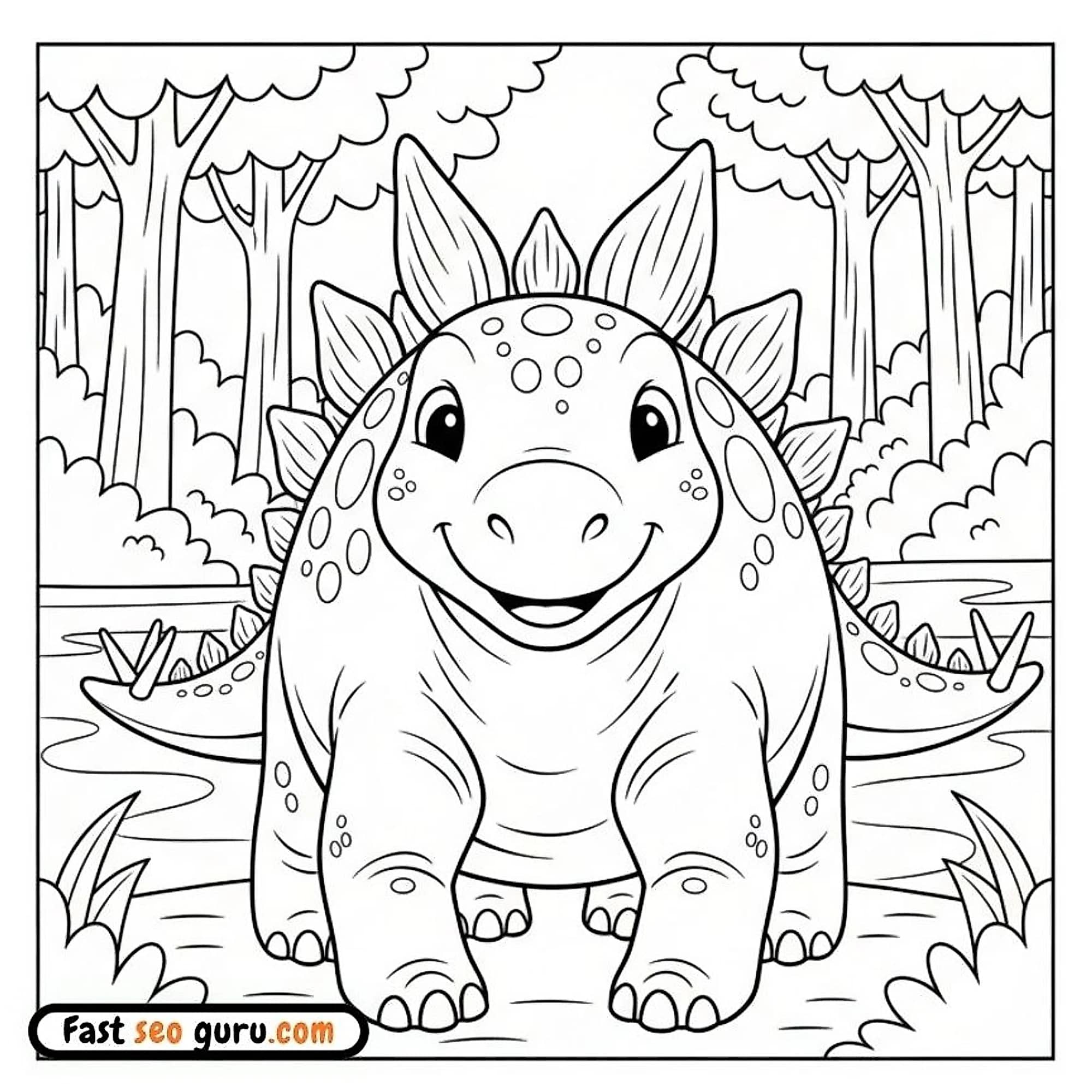 Cute Stegosaurus In Forest Coloring Page – Free Printable For Kids