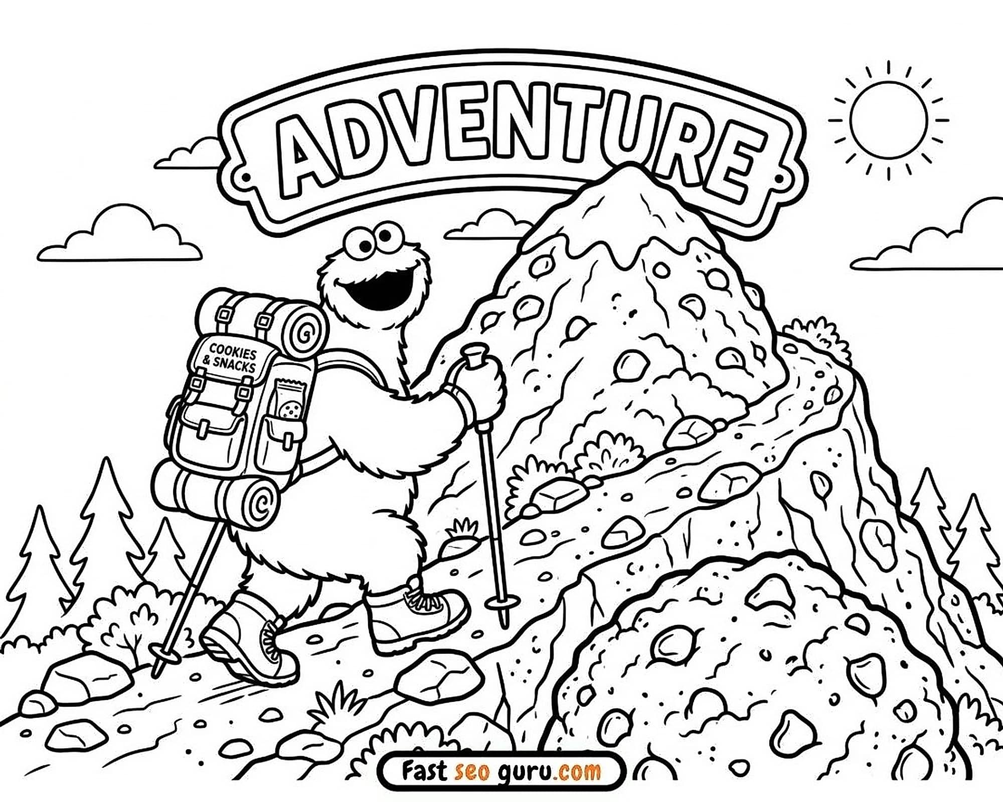 Cookie Monster Adventure Hiking Coloring Page – Free Pictures To Color For Kids
