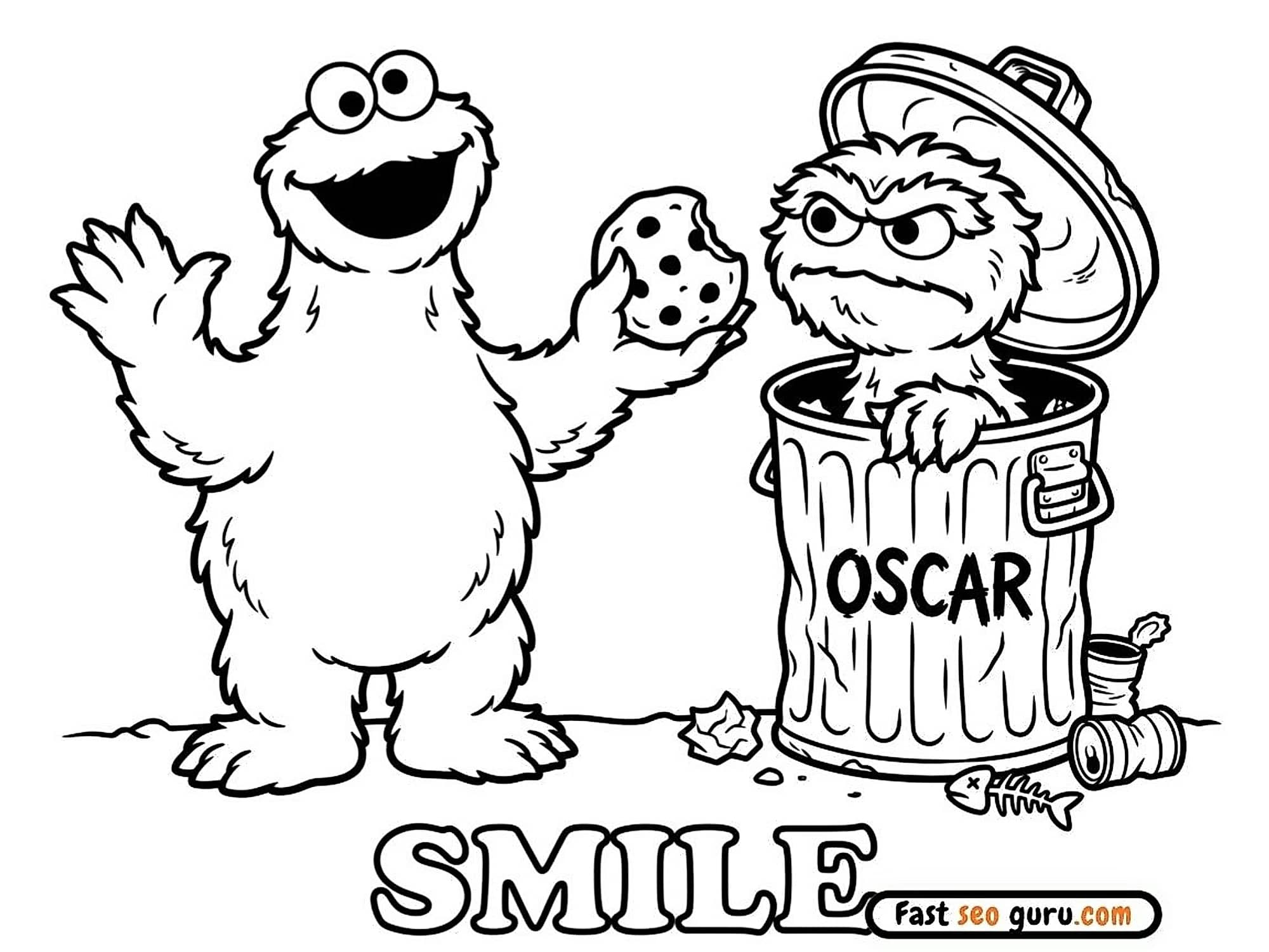 Cookie Monster And Oscar Smile Coloring Page – Free Pictures To Color For Kids