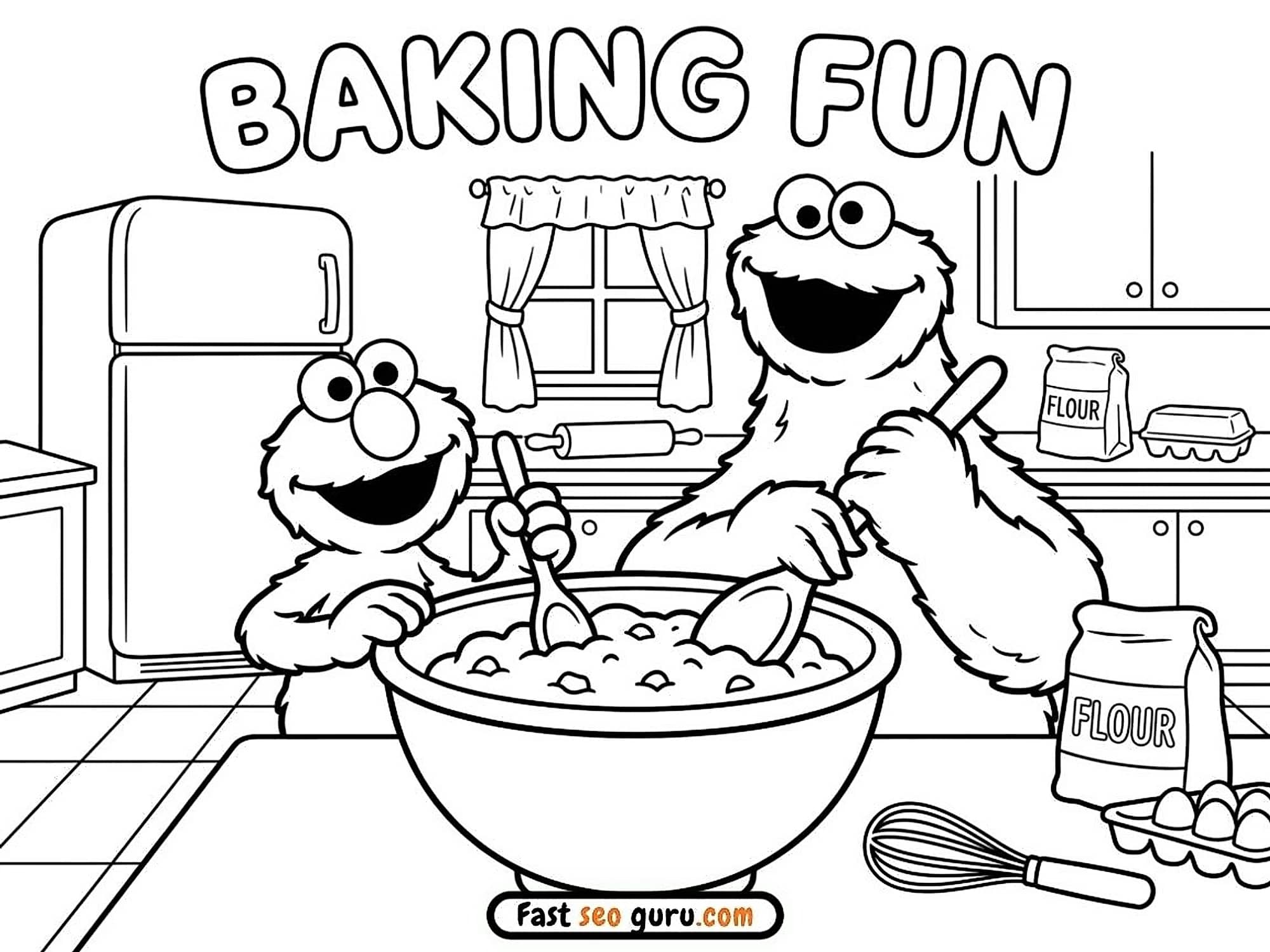 Cookie Monster And Elmo Sesame Baking Fun Coloring Page – Free Pictures To Color For Kids