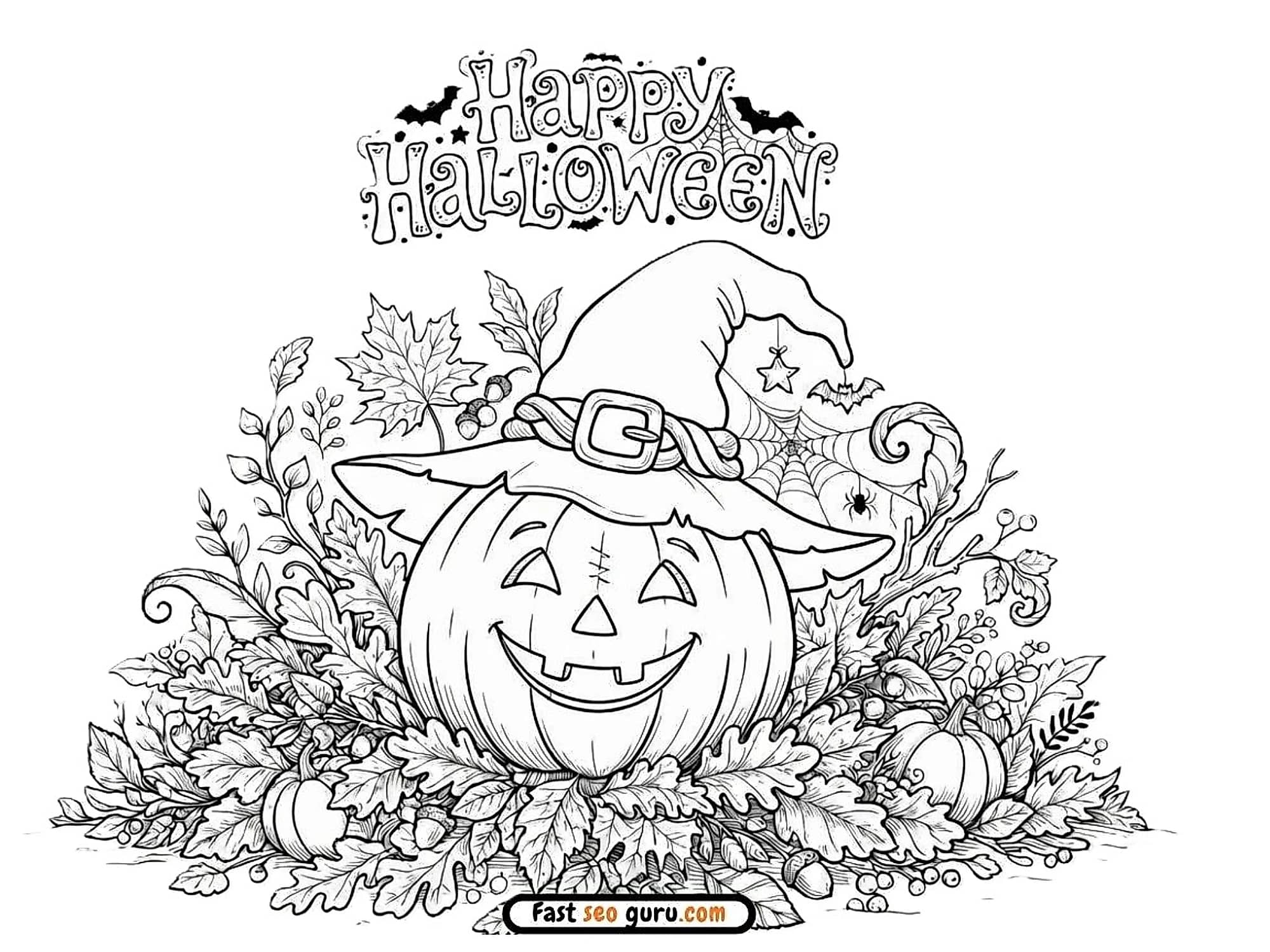 Pictures To Color Happy Halloween Pumpkin Witch Hat Autumn Leaves