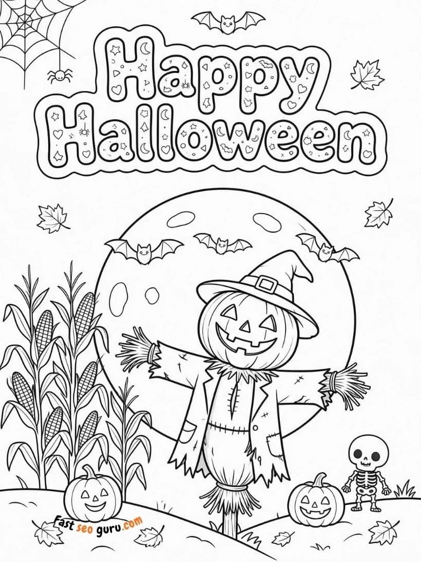 Happy Halloween Scarecrow Coloring Page