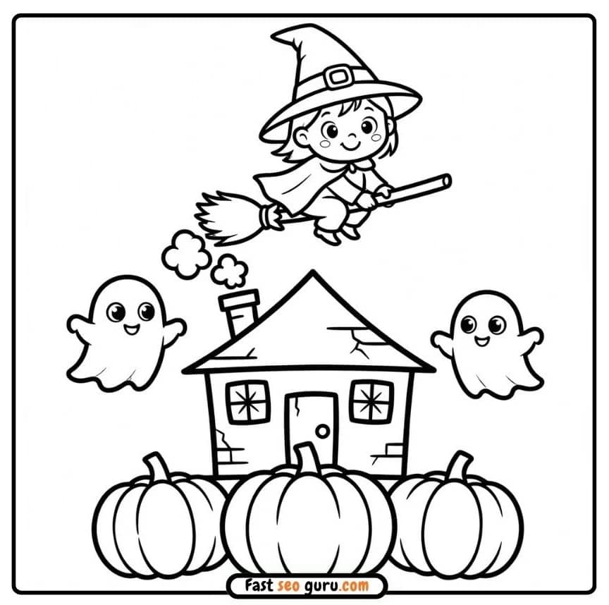 Halloween Cute Witch Flying Over Haunted House With Ghosts