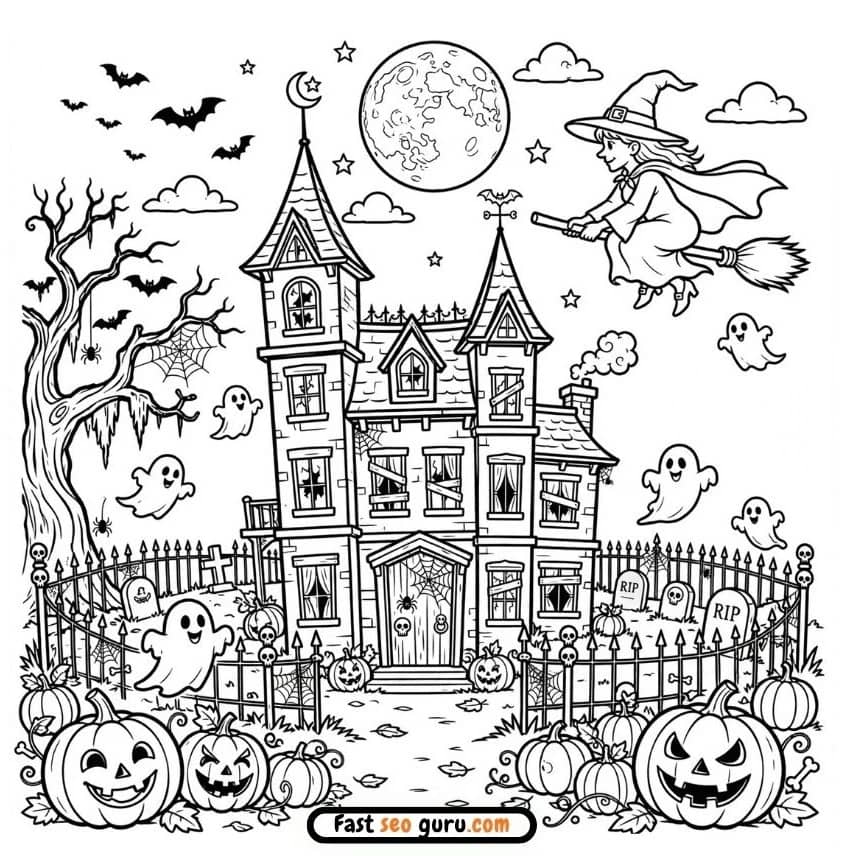 Spooky Halloween Haunted Castle & Flying Witch Coloring Page
