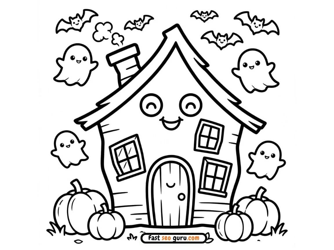 Cute Halloween House Haunted & Ghosts Coloring Pages