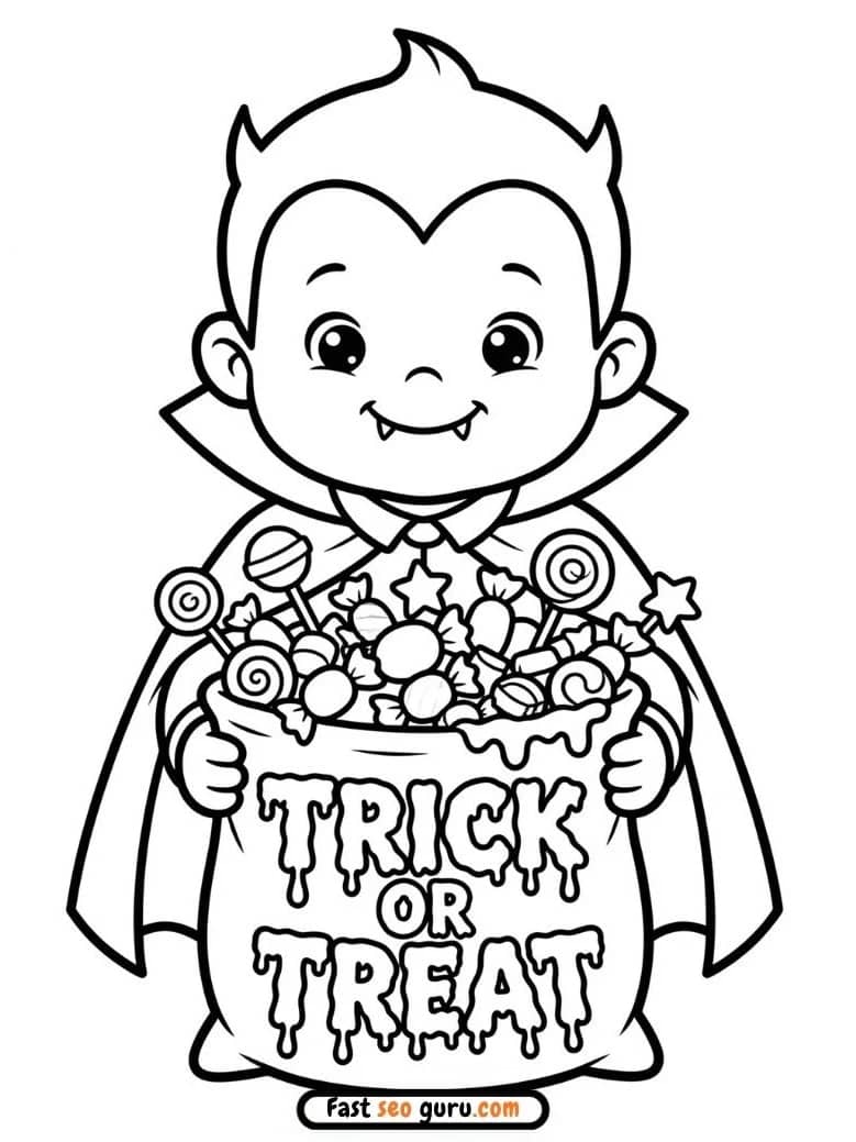 Cute Vampire Boy Trick Or Treat Candy Bag Coloring Page