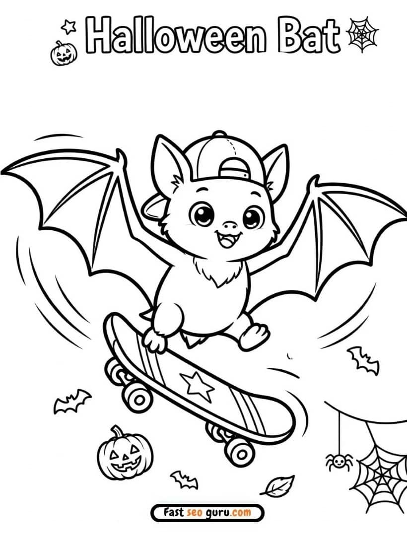 Free Printable Cute Bat Skateboard Halloween Coloring Page For Kids.jpg