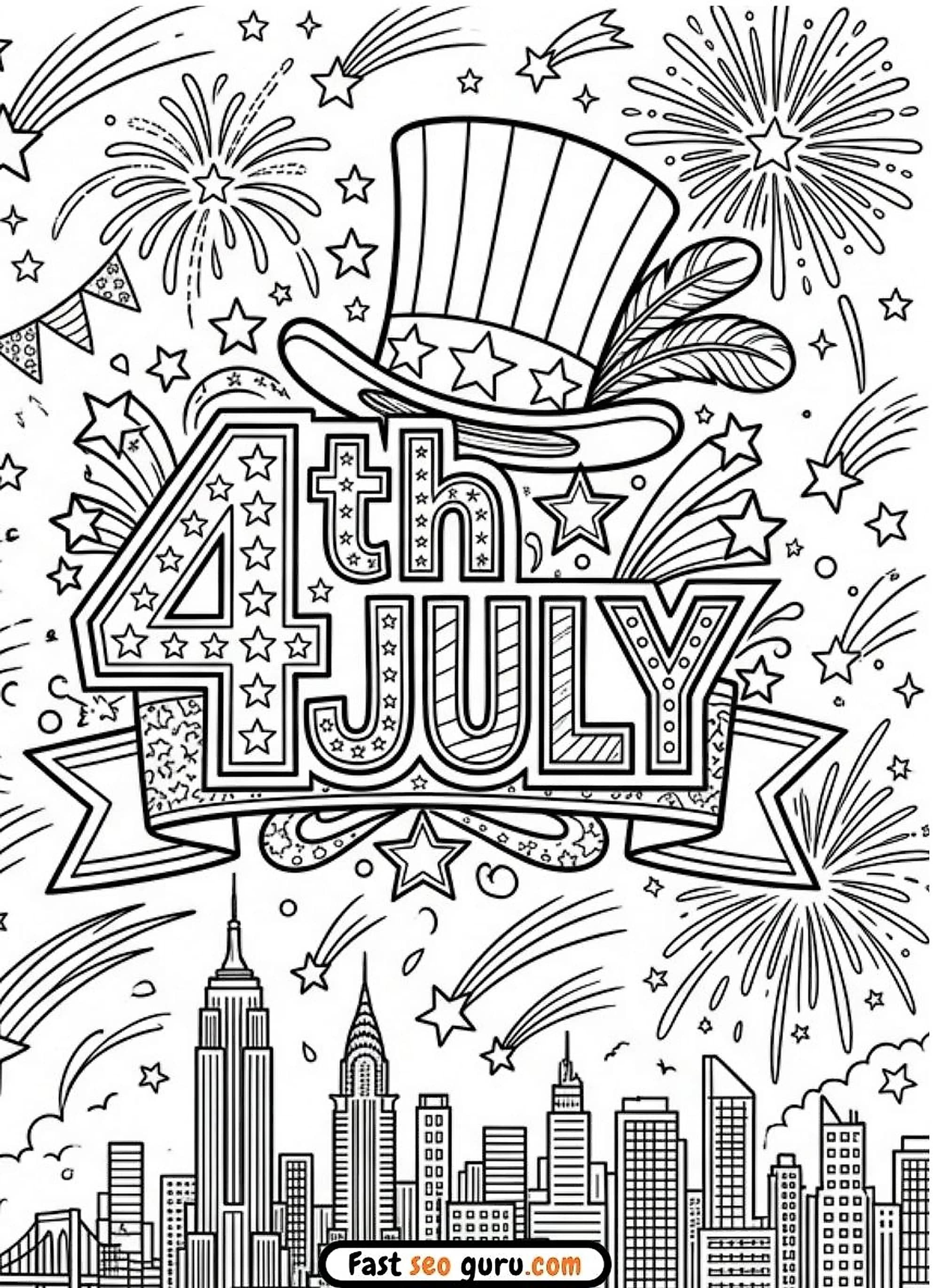 4th Of July Fireworks City Coloring Page – Free Printable For Kids And Adults
