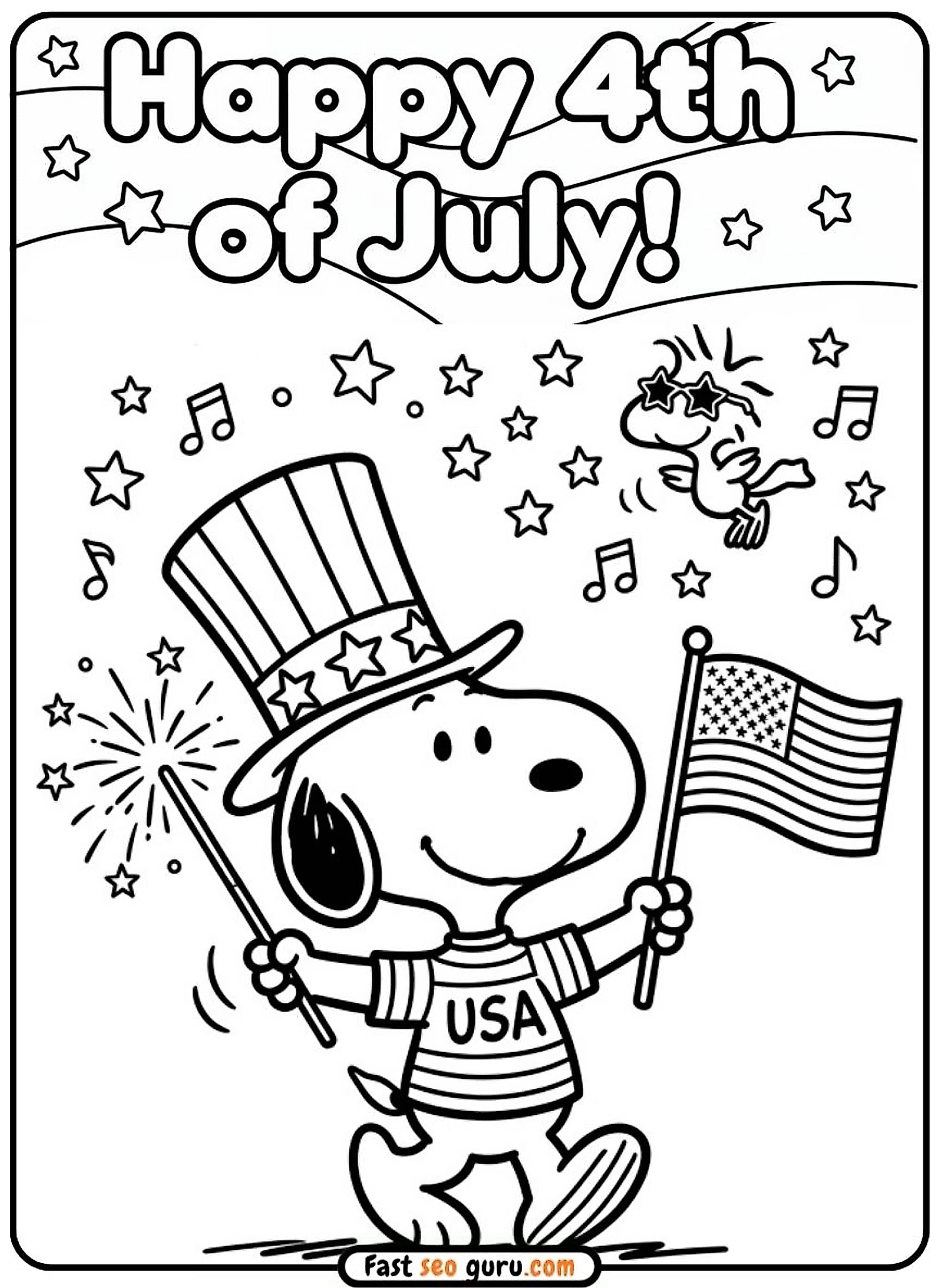 4th Of July Snoopy Woodstock Coloring Page: Printable Pdf Download