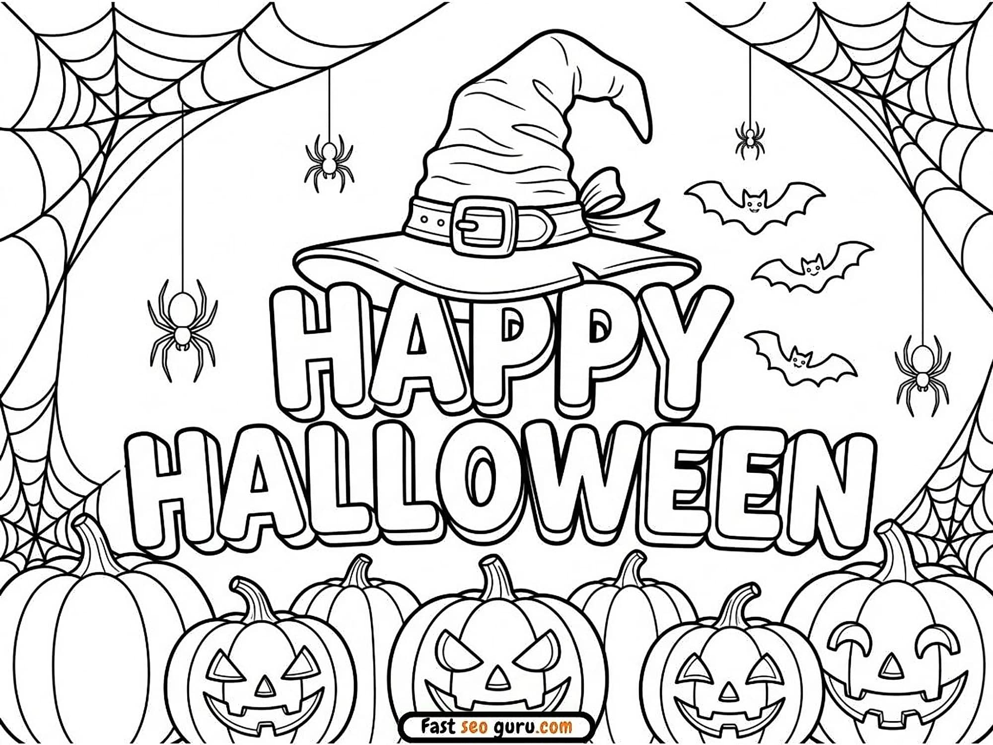 Free Printable Happy Halloween Spider Web Coloring Page