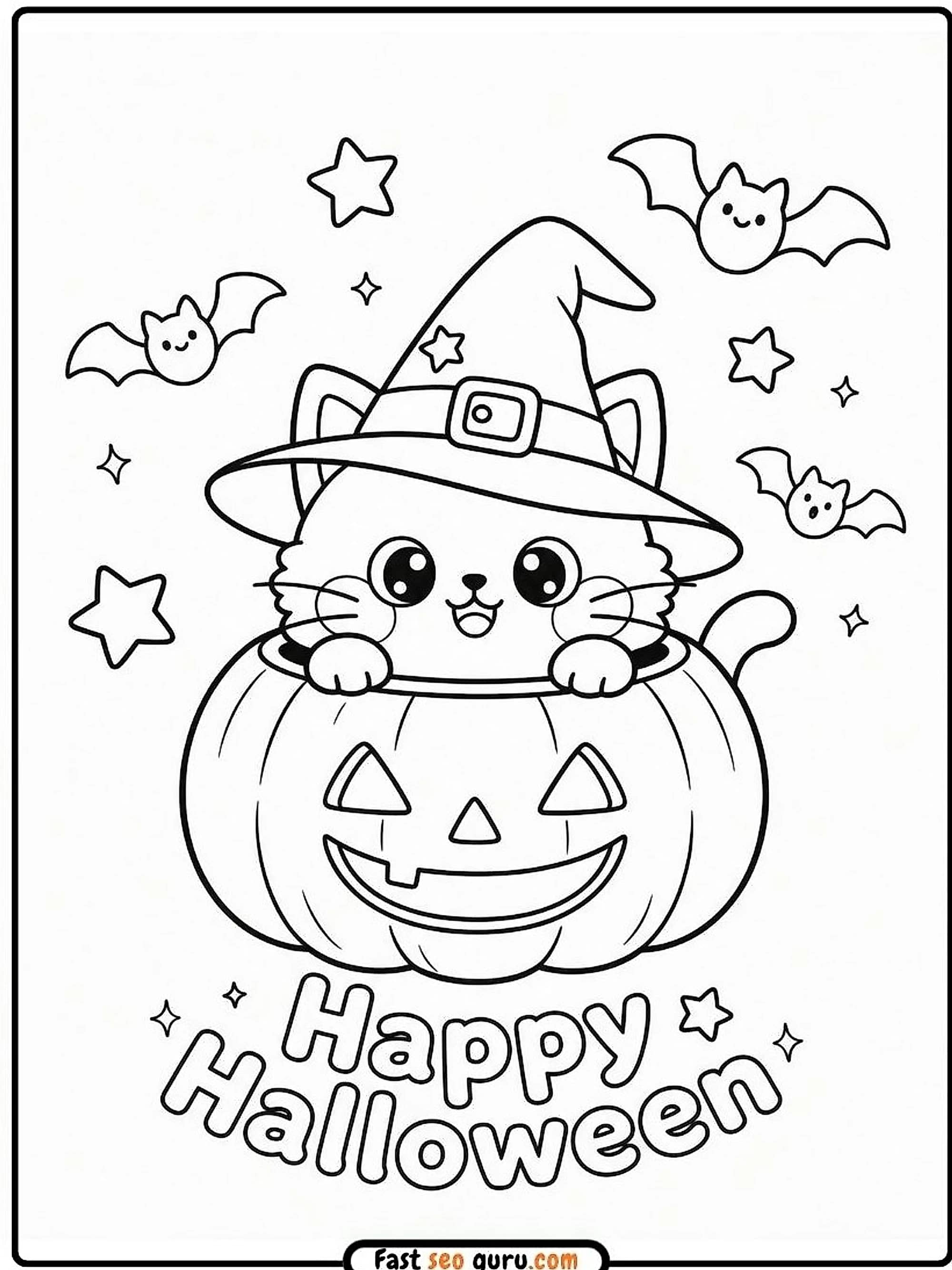 Cute Halloween Cat: Easy Coloring Page & Pictures To Color Pdf Now
