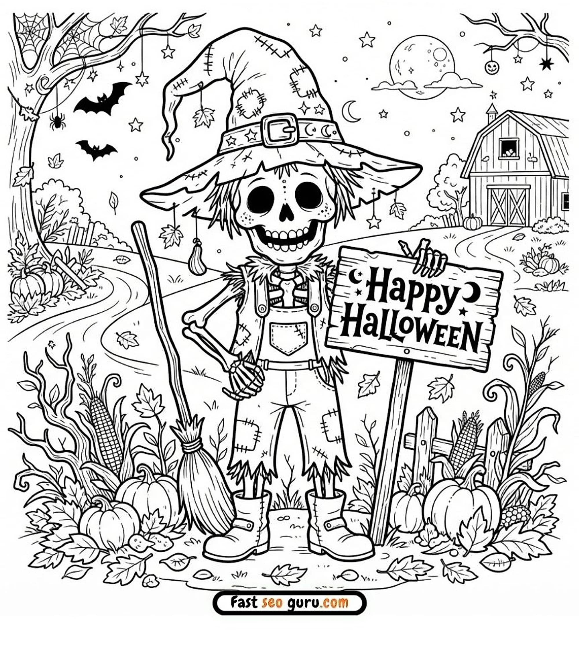 Free Printable Skeleton Scarecrow Halloween Coloring Page