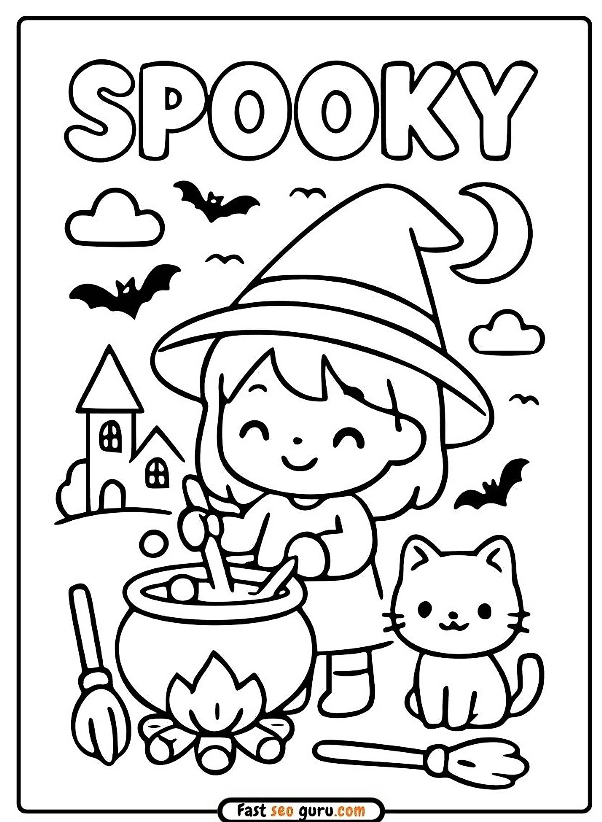 Free Printable Spooky Witch Halloween Easy Coloring Page For Kids