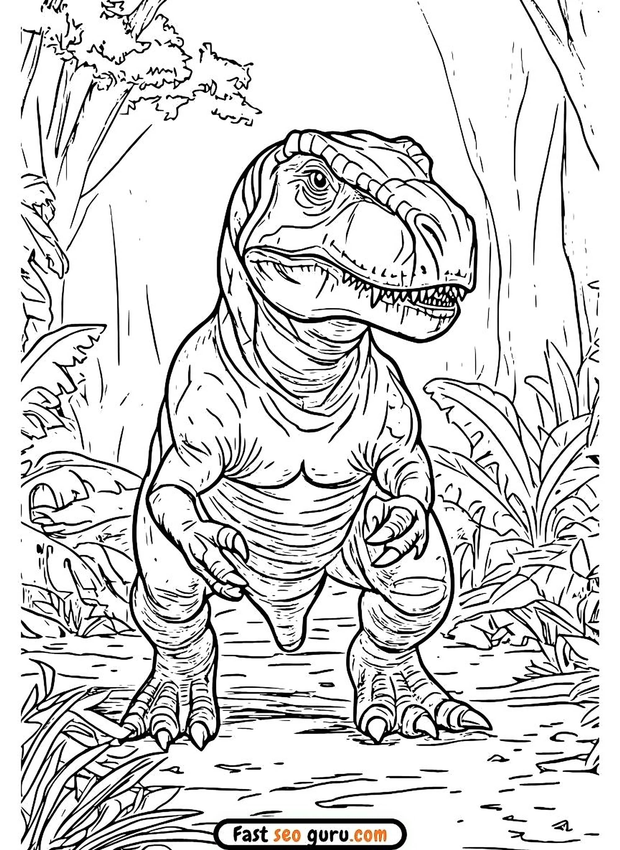 Realistic T Rex In Jungle Coloring Page – Free Printable For Kids And Adults