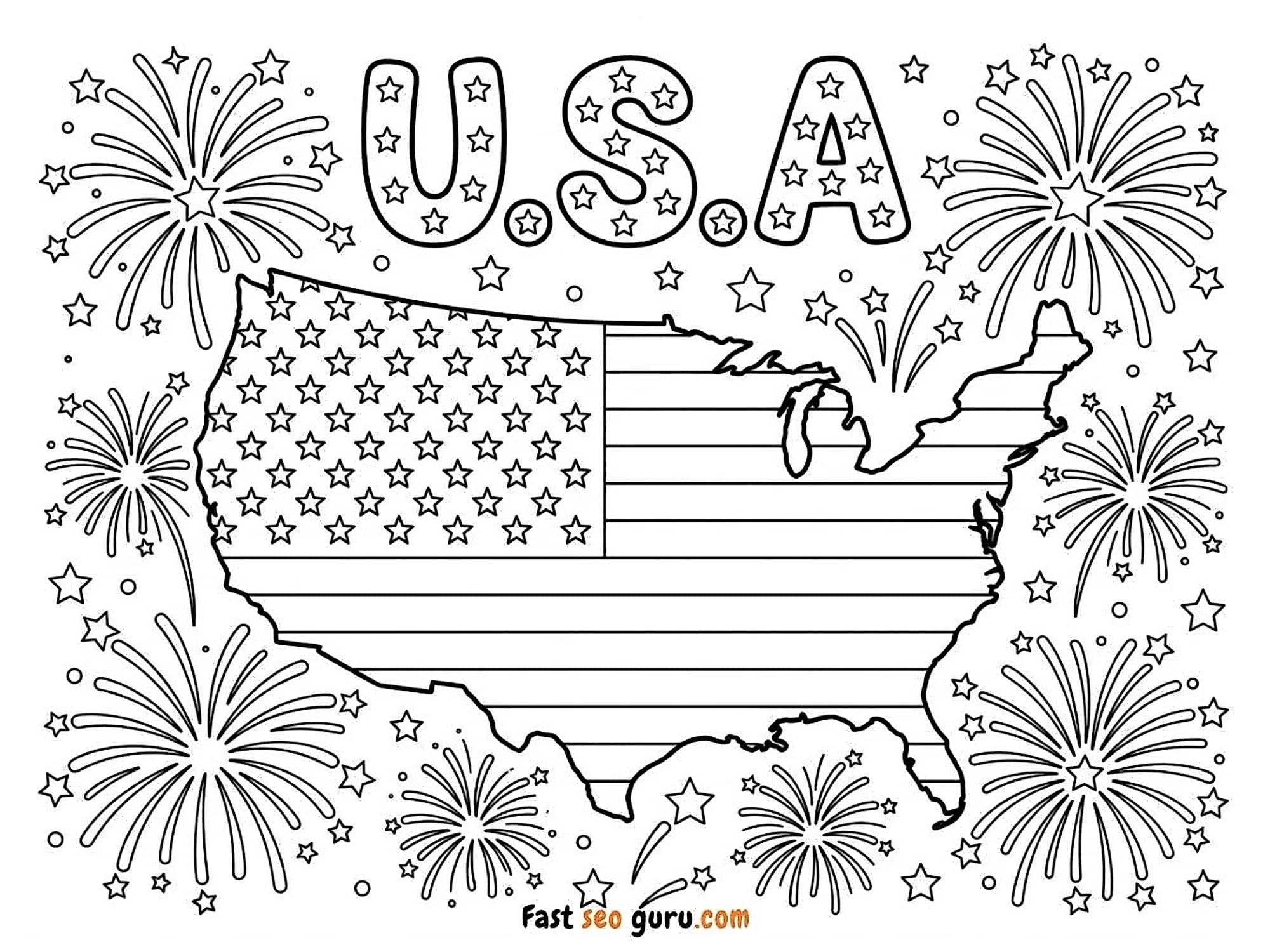 Usa Map Fireworks 4th Of July Coloring Page – Free Printable For Kids