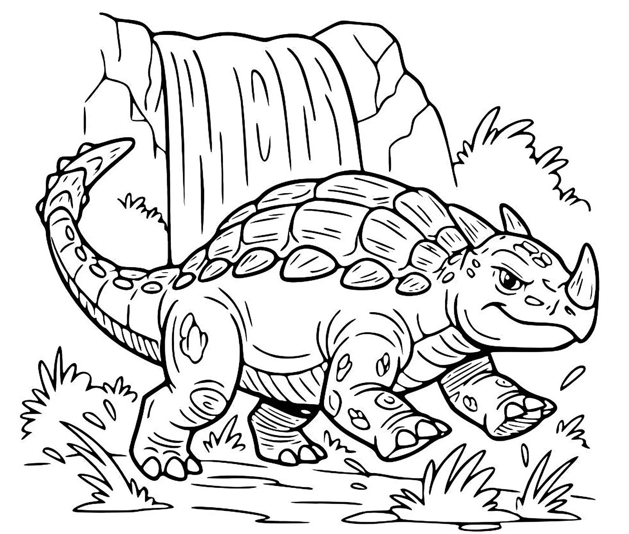 Armored Ankylosaurus with club tail walking in front of a prehistoric waterfall, free printable educational coloring page