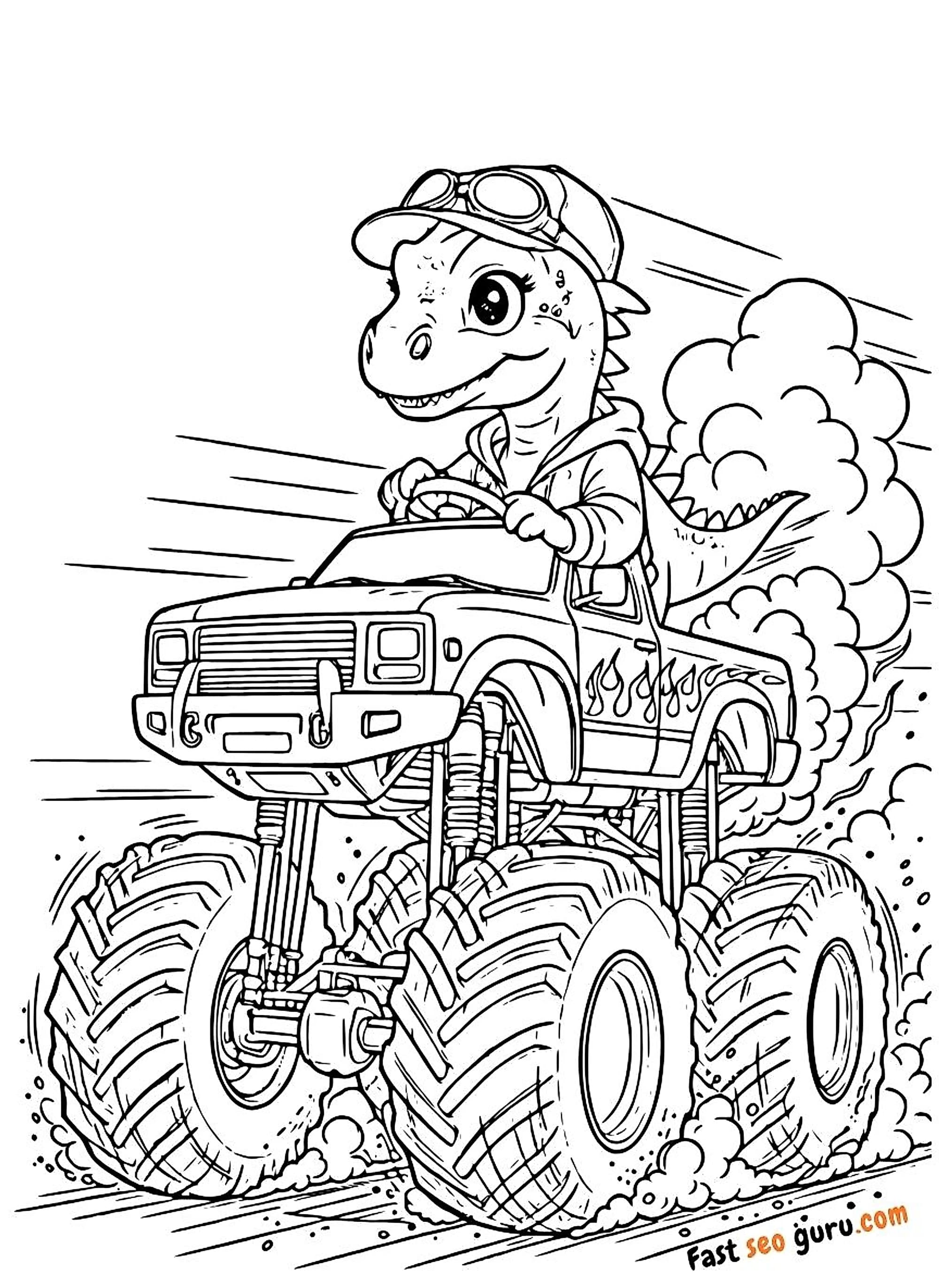 Cool baby dinosaur wearing cap and goggles racing flame-decorated monster truck through dust clouds, printable coloring page 