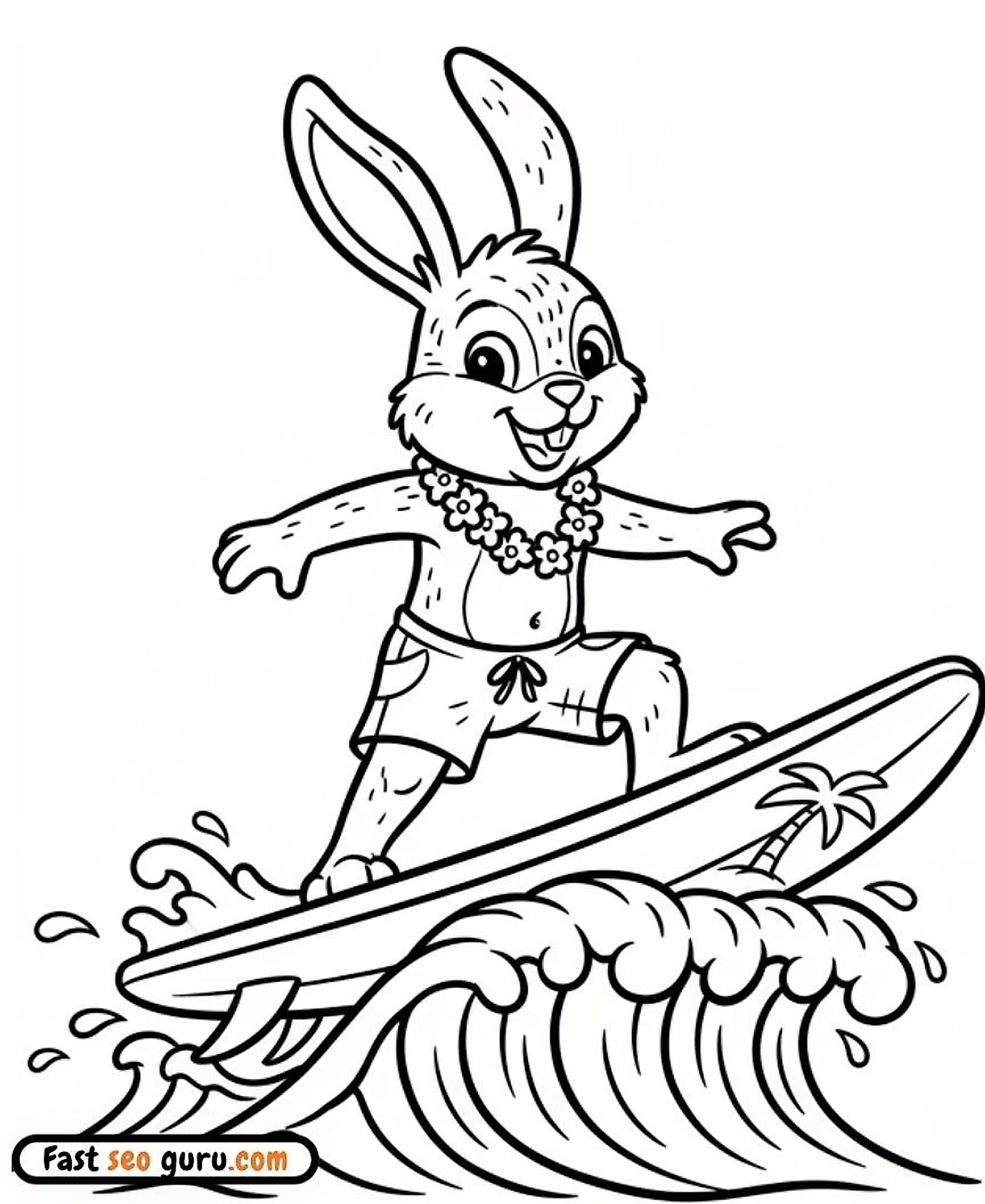 Cute cartoon rabbit wearing board shorts flower surfing a big wave on a palm tree decorated surfboard,printable coloring page