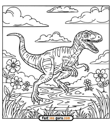 Velociraptor Coloring Page With Nature Scene – Free Printable For Kids