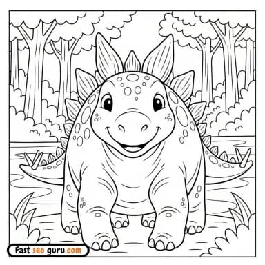 Cute Stegosaurus In Forest Coloring Page – Free Printable For Kids