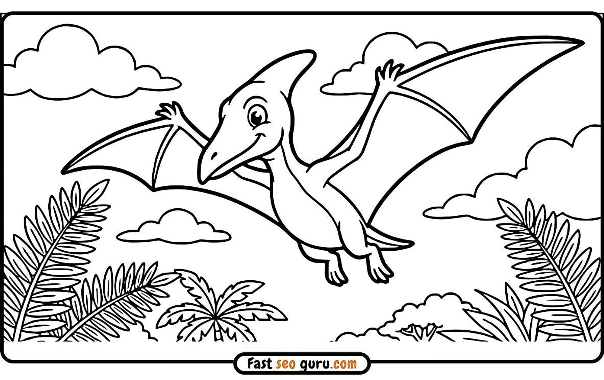 Friendly cartoon Pterodactyl soaring across a cloudy sky above a lush prehistoric jungle,e educational coloring page for kids